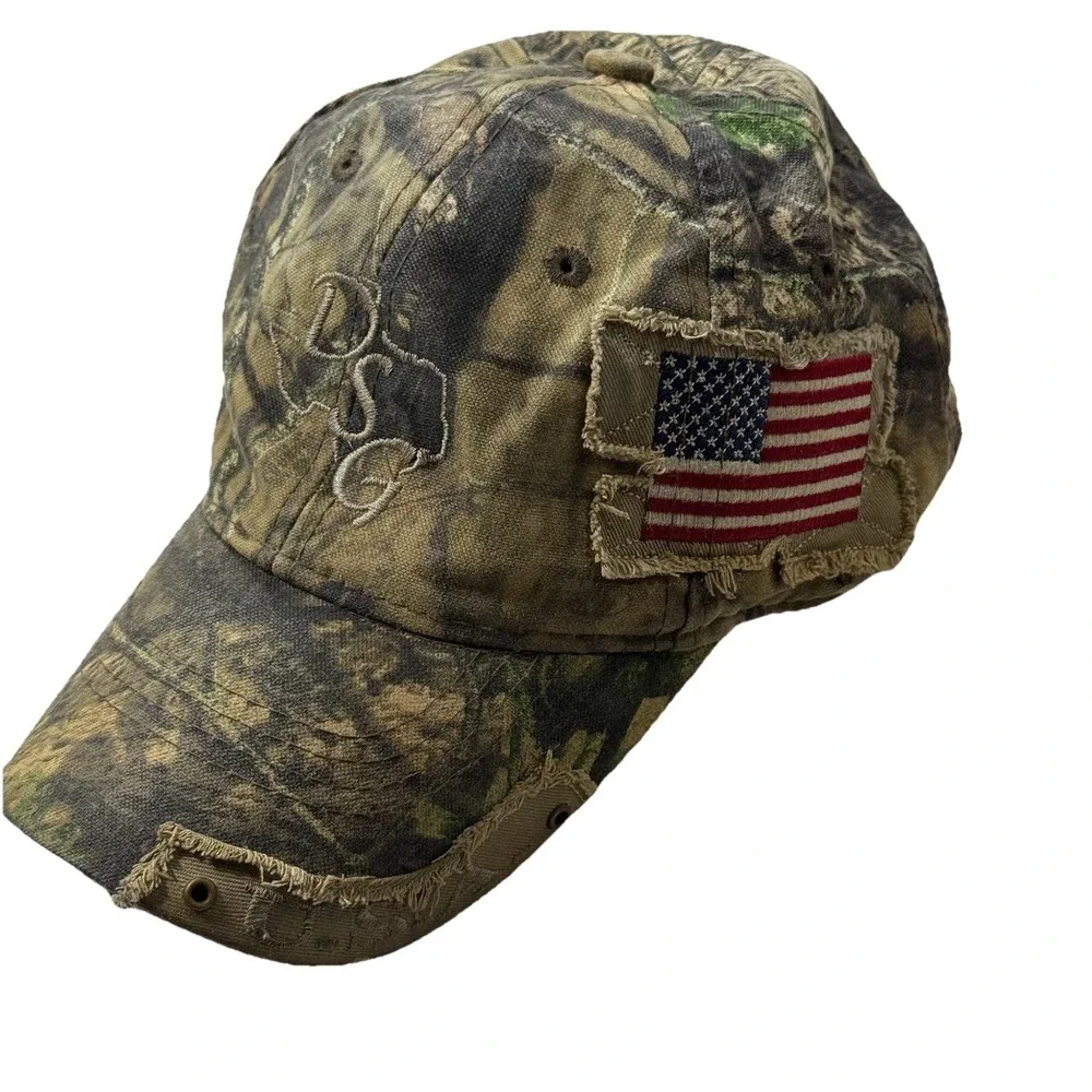 DSG Outerwear Womens Distressed Camo Baseball Cap American Flag Patch Hat